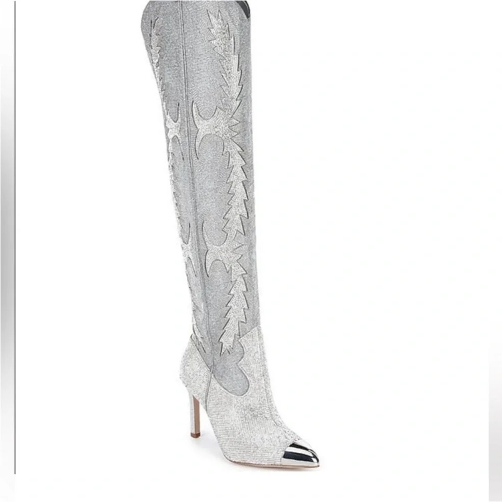 Gianni Bini Katyanna Rhinestone OTK Boots Silver NWT